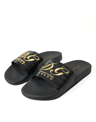 Elegant Black And Gold Leather Slides