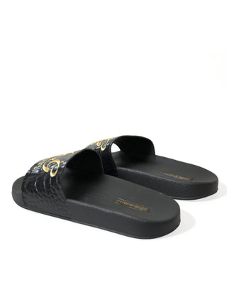 Elegant Black And Gold Leather Slides