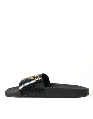 Elegant Black And Gold Leather Slides