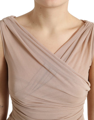 Elegant Beige V-neck Sleeveless Sheer Tank Top