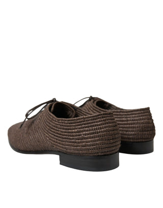 Elegant Raffia Upper Derby Shoes - Lace Up In Brown