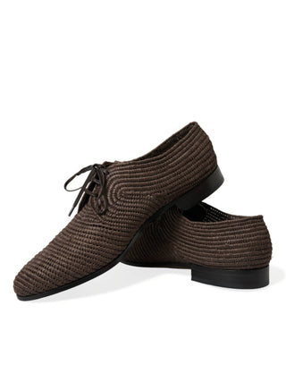 Elegant Raffia Upper Derby Shoes - Lace Up In Brown