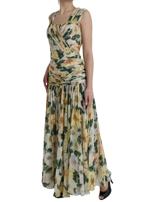 Yellow Floral Print Silk Pleated Maxi Dress