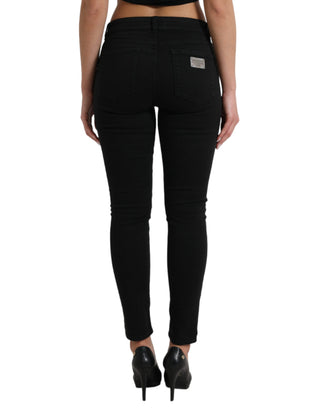 Elegant Mid Waist Black Skinny Jeans