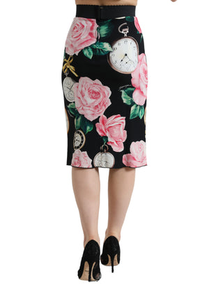 High Waist Silk Pencil Midi Skirt With Floral Print