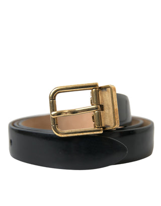 Elegant Black Leather Waist Belt With Logo Buckle