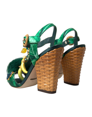 Green Crystal Mink Fur T-strap Sandals