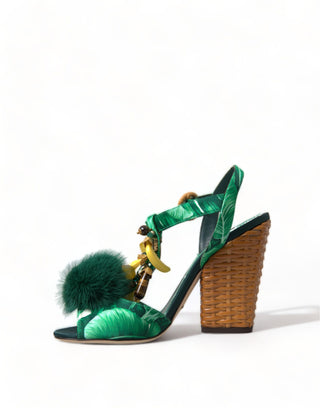 Green Crystal Mink Fur T-strap Sandals