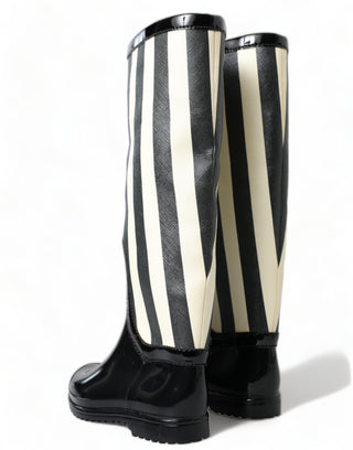 Black And White Striped Knee High Boots