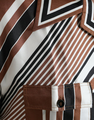 Brown White Silk Striped Short Sleeve Shirt