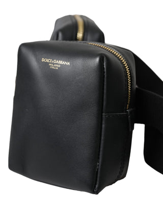 Black Calfskin Leather Double Waist Belt Fanny Pack Bag