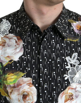 Black Floral Men Formal Dress Gold Shirt