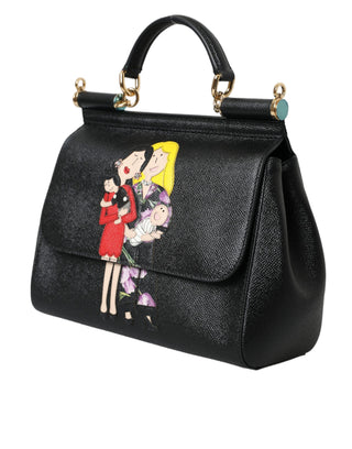 Black Leather #dgfamily Patch Top Handle Bag