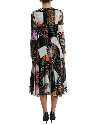 Elegant Patchwork Silk Midi A-line Dress