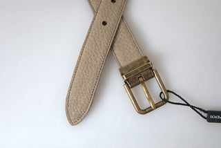 Elegant Beige Leather Belt With Metal Buckle