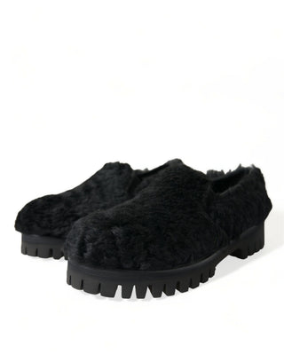 Elegant Black Fur Slip On Loafers For Men