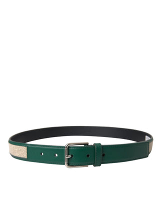 Green Beige Leather Weaved Metal Buckle Belt