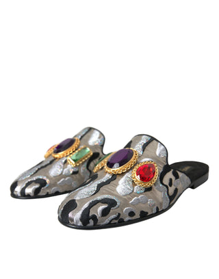 Gray Jacquard Crystal Mule Flat Sandals Shoes