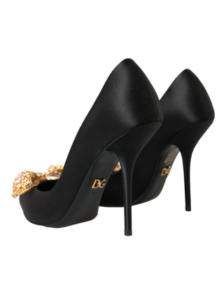 Black Satin Bow Crystal Heels Pumps Shoes