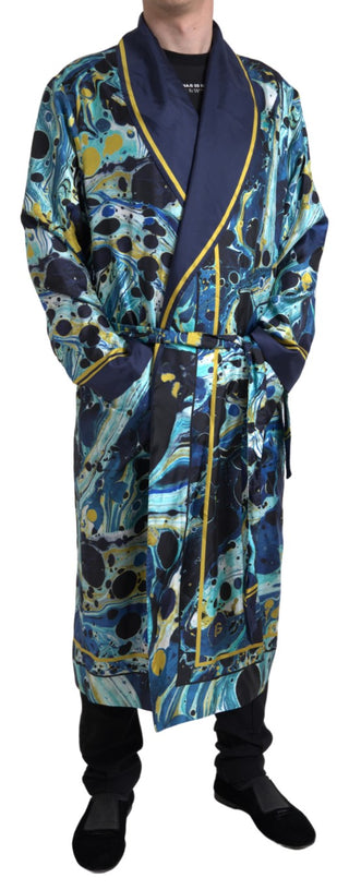 Marble Blue Silk Long Robe Luxury Sleepwear