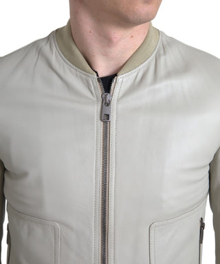 Cream Leather Bomber Jacket