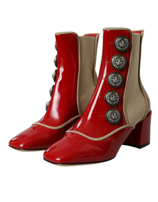 Red Beige Leather Embellished Mid Calf Boots Shoes