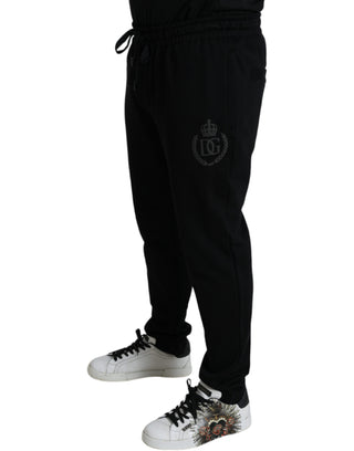 Elegant Black Cotton Joggers With Logo Embroidery