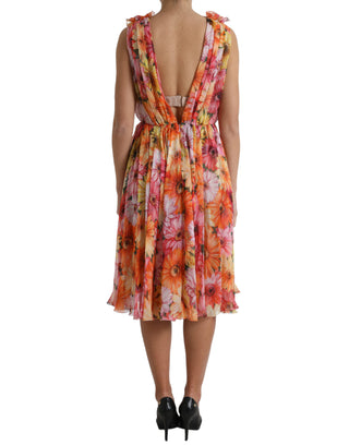 Elegant Floral Silk Midi Dress With V-neck