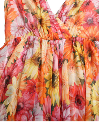 Elegant Floral Silk Midi Dress With V-neck