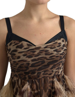 Sleeveless Leopard Chiffon Ostrich-feather Dress