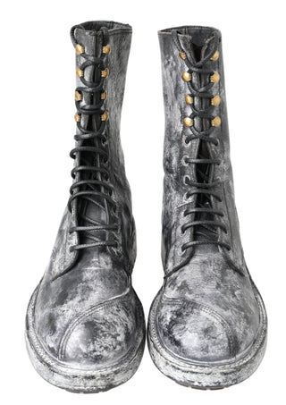 Chic Black Lace-up Boots With Gray White Fade