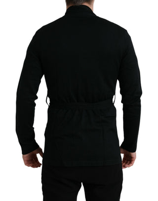 Elegant Black Cashmere Robe With Waist Belt