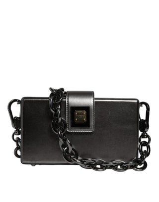 Metallic Gray Dg Box Leather Shoulder Chain Strap Bag