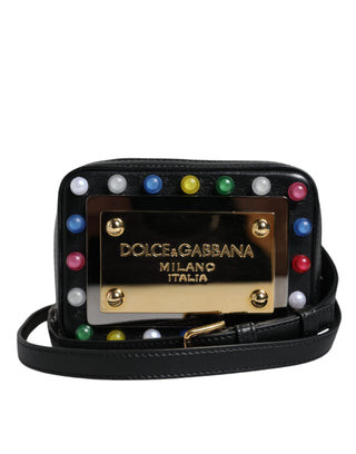 Black Leather Led Logo Shoulder Crossbody Bag