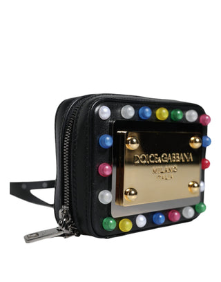 Black Leather Led Logo Shoulder Crossbody Bag