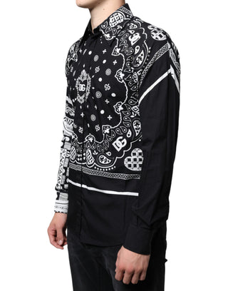 Black White Bandana Print Slim Cotton Shirt