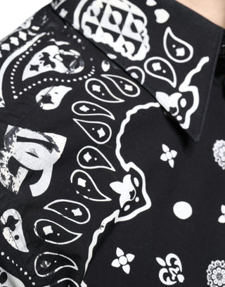 Black White Bandana Print Slim Cotton Shirt