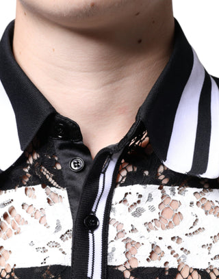 Black White Stripes Lace Collared Polo T-shirt