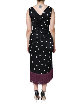 Black Silk Polka Dot Vneck Tassel Midi Dress