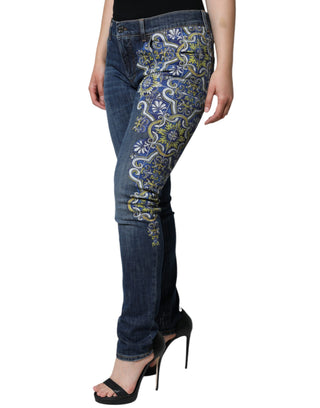 Blue Floral Cotton Stretch Skinny Denim Jeans