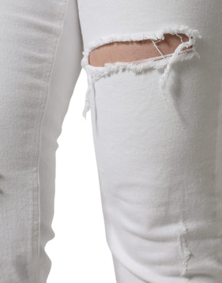 White Cotton Stretch Tattered Skinny Jeans