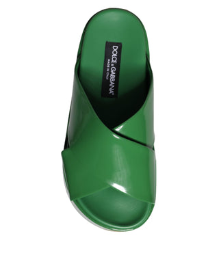 Green Leather Wedge Slides Sandals Shoes