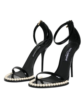 Black Keira Leather Faux Pearl Sandals Heels Shoes