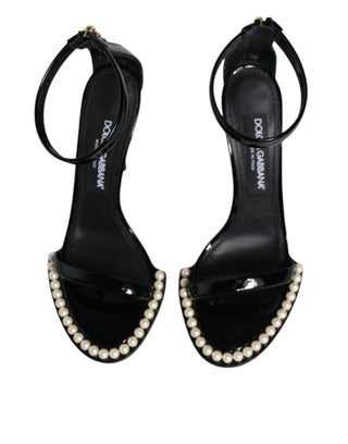 Black Keira Leather Faux Pearl Sandals Heels Shoes