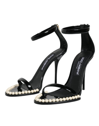 Black Keira Leather Faux Pearl Sandals Heels Shoes