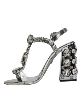 Silver Leather T-strap Crystal Sandals Shoes