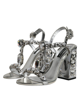 Silver Leather T-strap Crystal Sandals Shoes