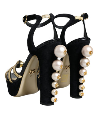 Black Leather Faux Pearl Heel Sandals Shoes