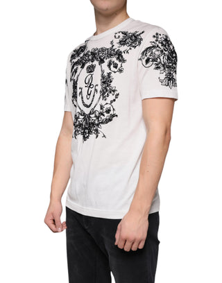 White Dg Crown Floral Crew Neck Cotton T-shirt