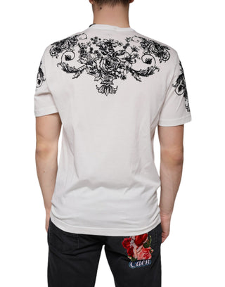 White Dg Crown Floral Crew Neck Cotton T-shirt